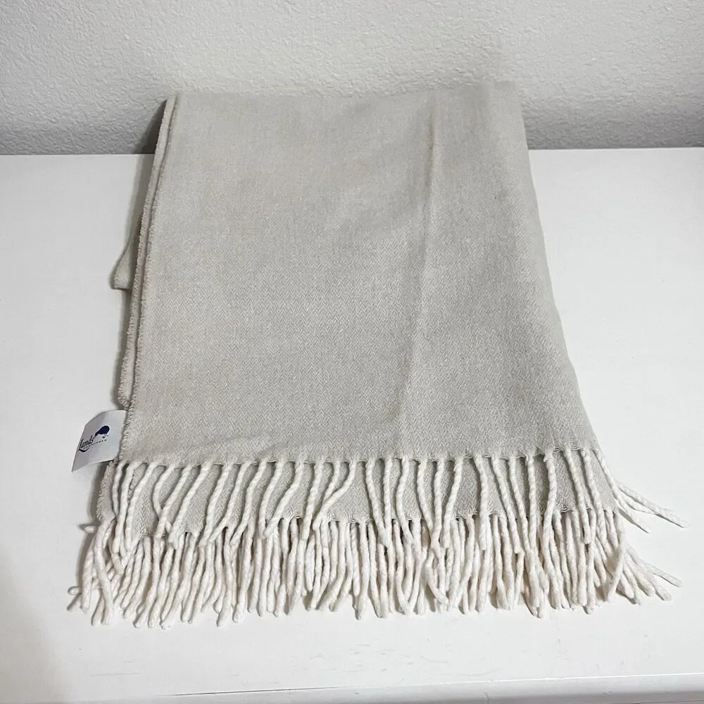 Lands Downunder Italian Herringbone Fringed Cream Throw Blanket Soft Italy
